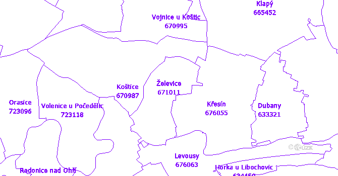 Katastrální mapa Želevice - přehledová mapa katastrálního území