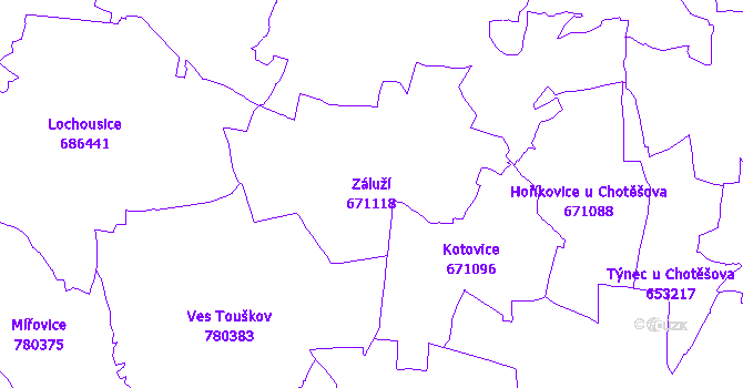 Katastrální mapa Záluží - přehledová mapa katastrálního území