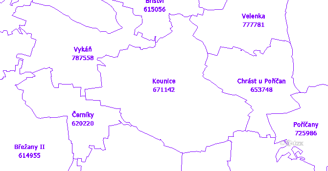 Katastrální mapa Kounice - přehledová mapa katastrálního území