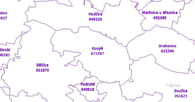 Katastrální mapa Koupě - přehledová mapa katastrálního území