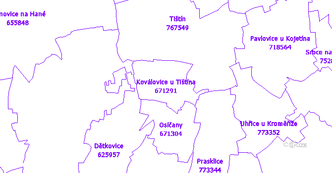 Katastrální mapa Koválovice u Tištína - přehledová mapa katastrálního území