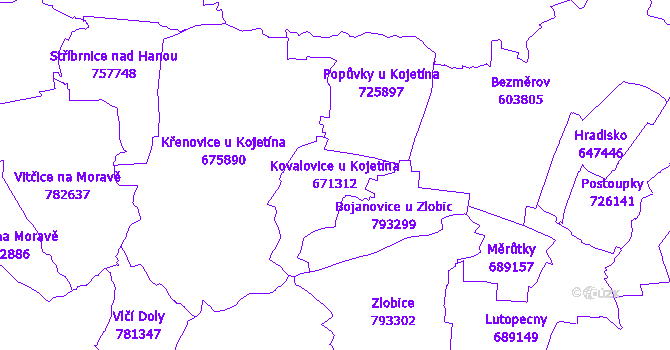 Katastrální mapa Kovalovice u Kojetína - přehledová mapa katastrálního území