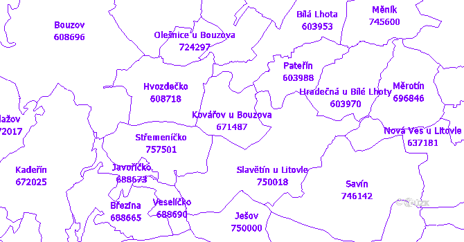 Katastrální mapa Kovářov u Bouzova - přehledová mapa katastrálního území
