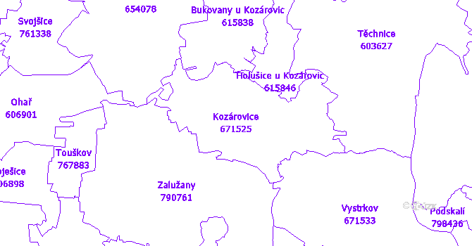 Katastrální mapa Kozárovice - přehledová mapa katastrálního území