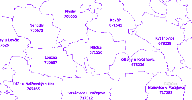 Katastrální mapa Milčice - přehledová mapa katastrálního území