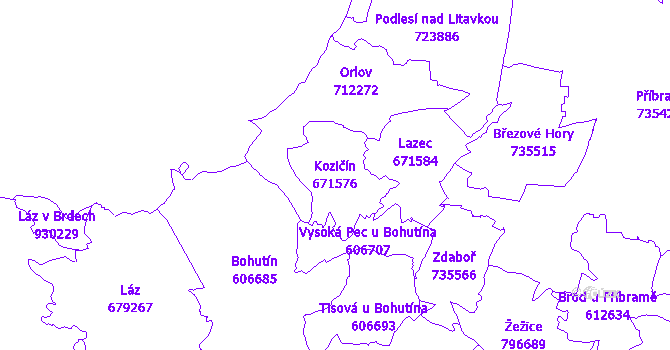 Katastrální mapa Kozičín - přehledová mapa katastrálního území