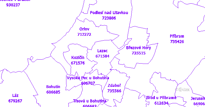 Katastrální mapa Lazec - přehledová mapa katastrálního území