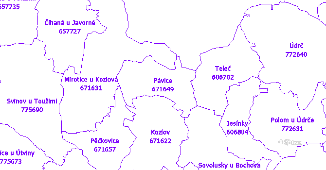 Katastrální mapa Pávice - přehledová mapa katastrálního území