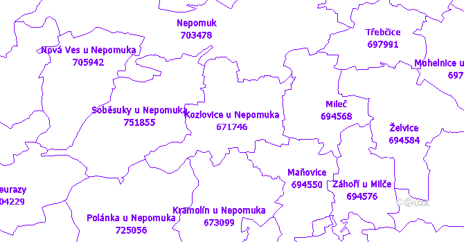 Katastrální mapa Kozlovice u Nepomuka - přehledová mapa katastrálního území