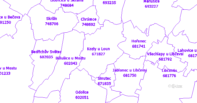 Katastrální mapa Kozly u Loun - přehledová mapa katastrálního území