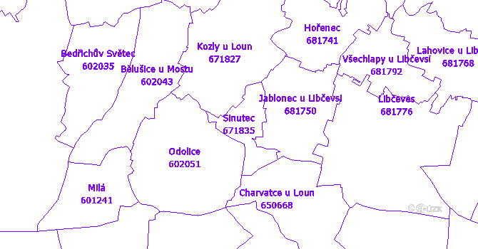 Katastrální mapa Sinutec - přehledová mapa katastrálního území