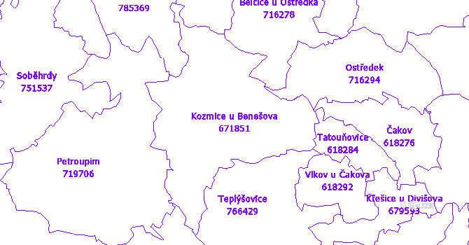 Katastrální mapa Kozmice u Benešova - přehledová mapa katastrálního území