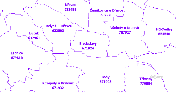 Katastrální mapa Brodeslavy - přehledová mapa katastrálního území