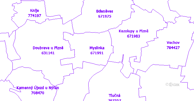 Katastrální mapa Myslinka - přehledová mapa katastrálního území