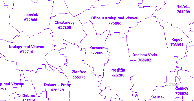 Katastrální mapa Kozomín - přehledová mapa katastrálního území