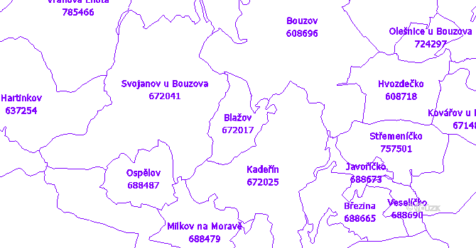 Katastrální mapa Blažov - přehledová mapa katastrálního území