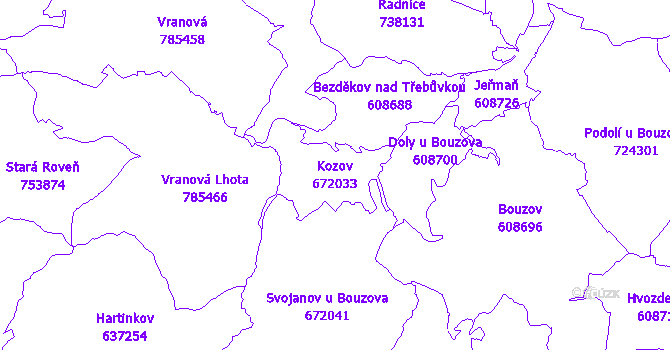 Katastrální mapa Kozov - přehledová mapa katastrálního území