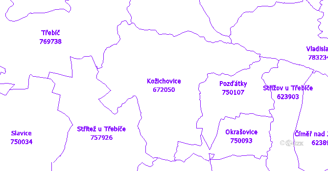 Katastrální mapa Kožichovice - přehledová mapa katastrálního území