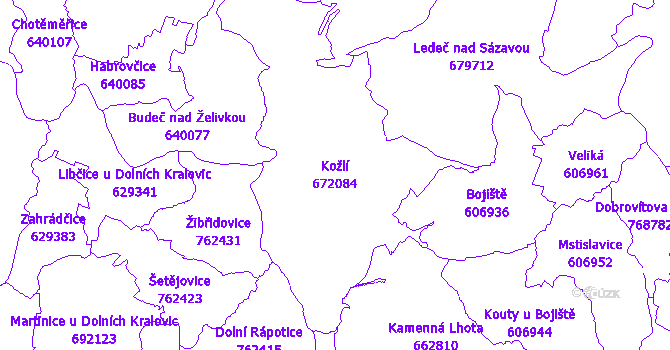 Katastrální mapa Kožlí - přehledová mapa katastrálního území