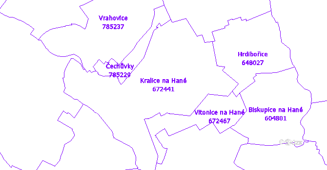 Katastrální mapa Kralice na Hané - přehledová mapa katastrálního území