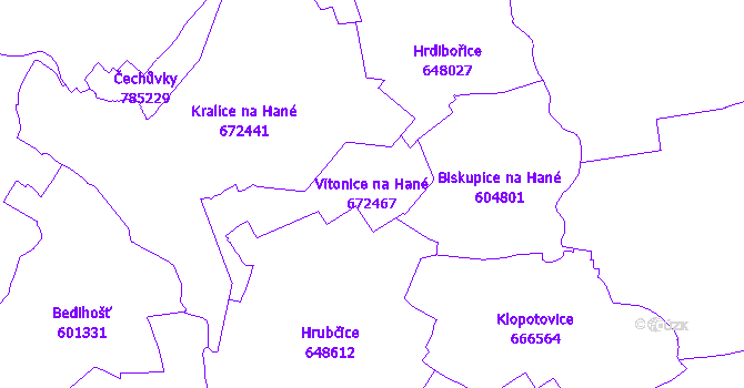 Katastrální mapa Vitonice na Hané - přehledová mapa katastrálního území