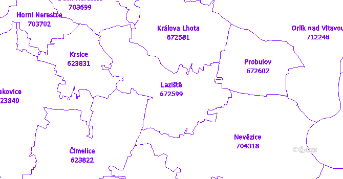 Katastrální mapa Laziště - přehledová mapa katastrálního území