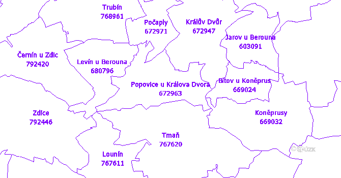 Katastrální mapa Popovice u Králova Dvora - přehledová mapa katastrálního území