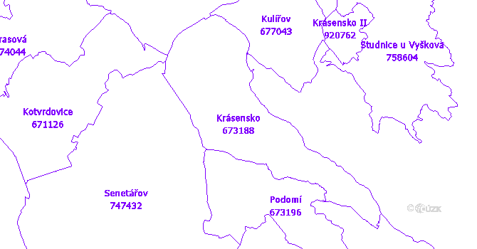 Katastrální mapa Krásensko - přehledová mapa katastrálního území