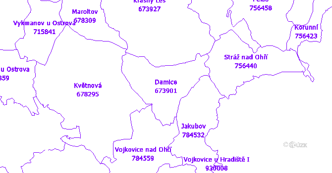 Katastrální mapa Damice - přehledová mapa katastrálního území