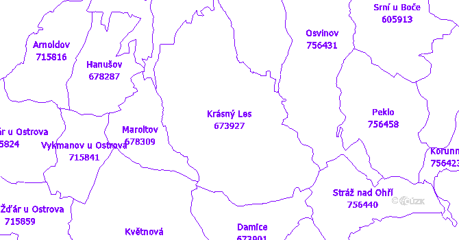 Katastrální mapa Krásný Les - přehledová mapa katastrálního území