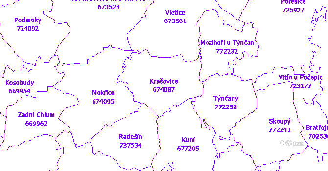 Katastrální mapa Krašovice - přehledová mapa katastrálního území
