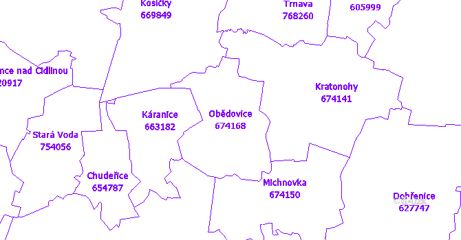 Katastrální mapa Obědovice - přehledová mapa katastrálního území