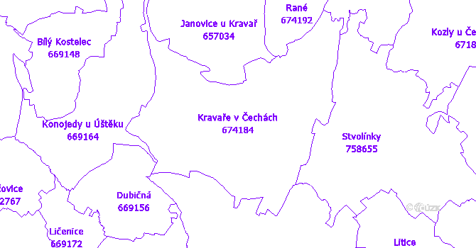 Katastrální mapa Kravaře v Čechách - přehledová mapa katastrálního území