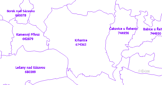 Katastrální mapa Krhanice - přehledová mapa katastrálního území