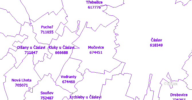 Katastrální mapa Močovice - přehledová mapa katastrálního území