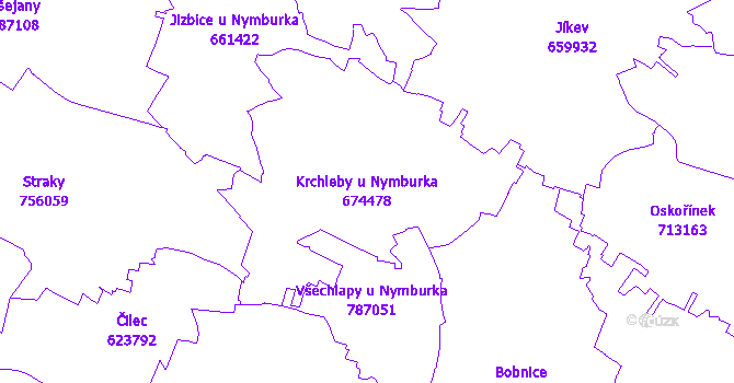 Katastrální mapa Krchleby u Nymburka - přehledová mapa katastrálního území