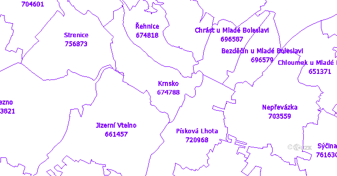 Katastrální mapa Krnsko - přehledová mapa katastrálního území