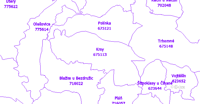 Katastrální mapa Krsy - přehledová mapa katastrálního území