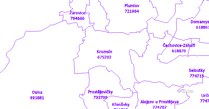 Katastrální mapa Krumsín - přehledová mapa katastrálního území