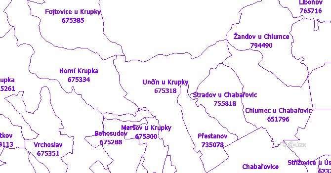 Katastrální mapa Unčín u Krupky - přehledová mapa katastrálního území