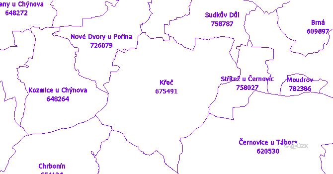 Katastrální mapa Křeč - přehledová mapa katastrálního území