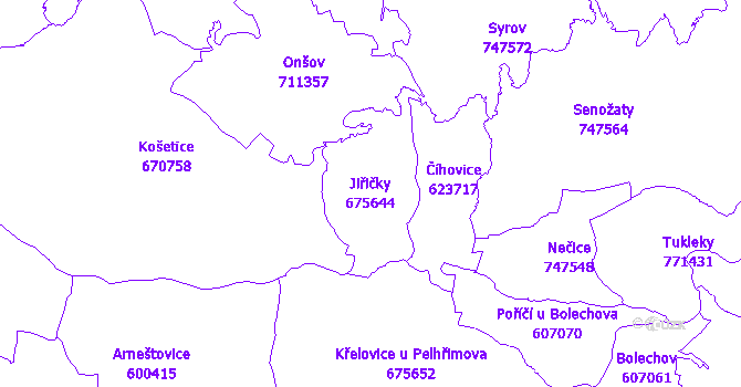 Katastrální mapa Jiřičky - přehledová mapa katastrálního území