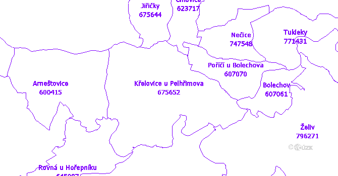 Katastrální mapa Křelovice u Pelhřimova - přehledová mapa katastrálního území
