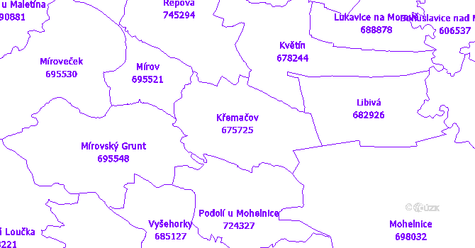 Katastrální mapa Křemačov - přehledová mapa katastrálního území