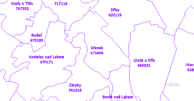 Katastrální mapa Křenek - přehledová mapa katastrálního území