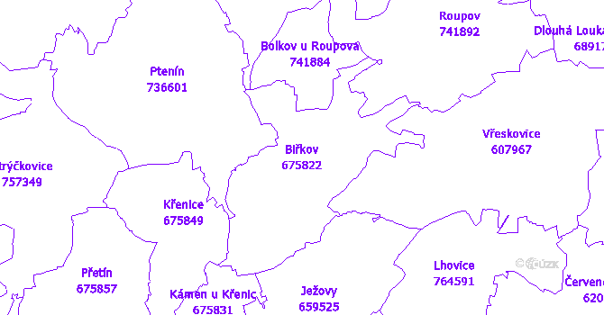 Katastrální mapa Biřkov - přehledová mapa katastrálního území