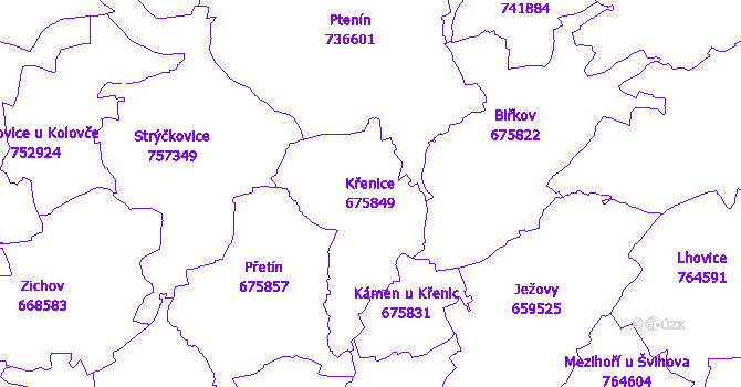 Katastrální mapa Křenice - přehledová mapa katastrálního území