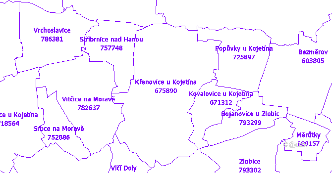 Katastrální mapa Křenovice u Kojetína - přehledová mapa katastrálního území