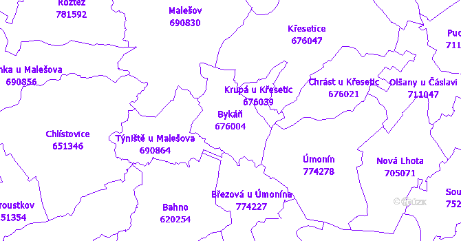 Katastrální mapa Bykáň - přehledová mapa katastrálního území