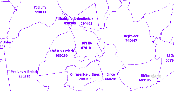 Katastrální mapa Křešín - přehledová mapa katastrálního území